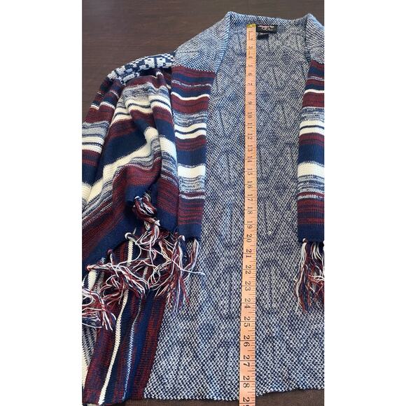 Cozy Boho Southwest Fringe Cardigan Sweater Open Front Waterfall Hem Blue Red L - Picture 7 of 8